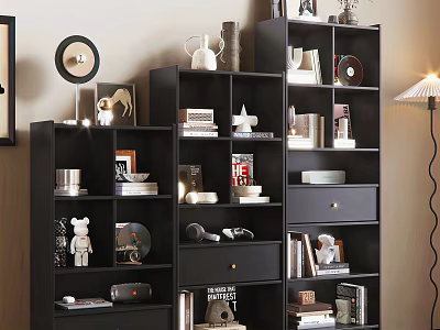Black Bookcase With Books Decorative Items And Drawers In Home Interior 3d model