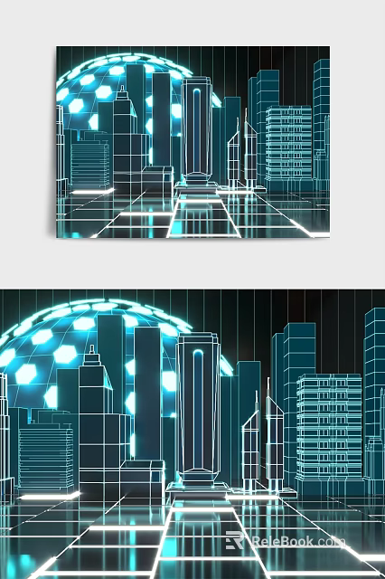 Cartoon Style City Scene Featuring Blue Line Art Modern Buildings Glowing Sphere And Neon Lights 3d model 