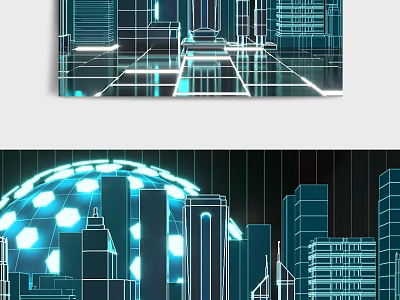 Cartoon Style City Scene Featuring Blue Line Art Modern Buildings Glowing Sphere And Neon Lights 3d model