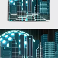 Cartoon Style City Scene Featuring Blue Line Art Modern Buildings Glowing Sphere And Neon Lights