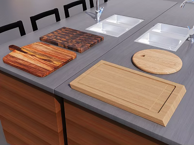 Various Cutting Boards on Gray Kitchen Countertop with Sink Faucet Wooden Cabinets and Black Chairs 3d model