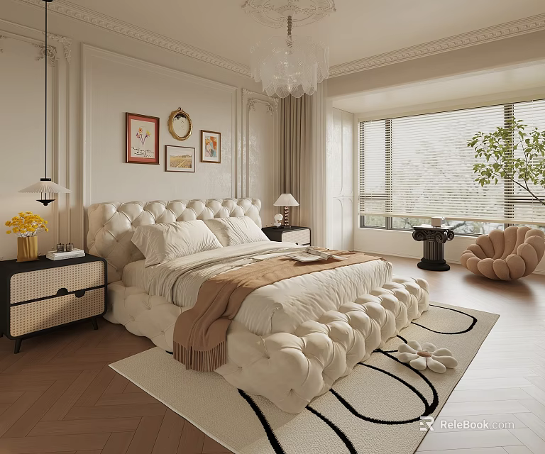Luxury Modern Bedroom With White Tufted Bed Chandelier Wall Art Floor to Ceiling Windows Green Plant Area Rug 3d model 