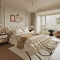 Luxury Modern Bedroom With White Tufted Bed Chandelier Wall Art Floor to Ceiling Windows Green Plant Area Rug