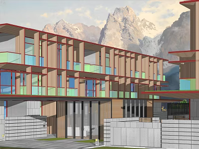 Modern Detached Villa Exterior With Glass Windows Balconies And Snowy Mountain Backdrop 3d model