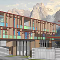 Modern Detached Villa Exterior With Glass Windows Balconies And Snowy Mountain Backdrop