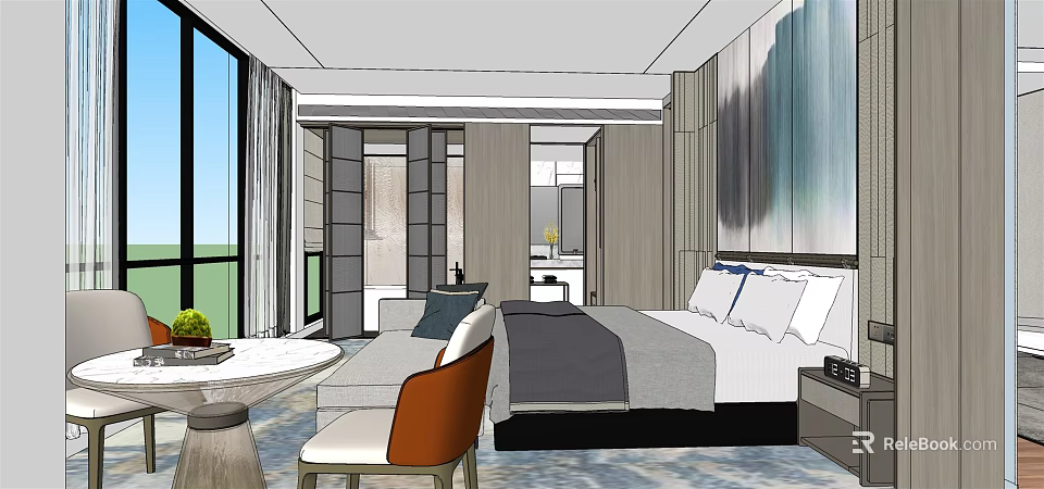 Elegant Modern Hotel Room Interior With Comfortable Bed Sofa And Decorative Wall 3d model 