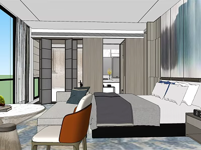Elegant Modern Hotel Room Interior With Comfortable Bed Sofa And Decorative Wall 3d model