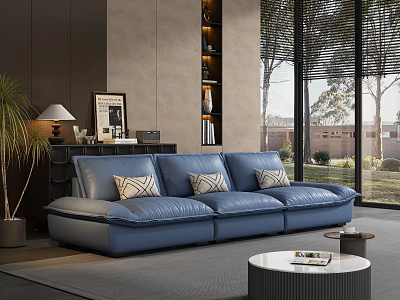 Blue Leather Sectional Sofa In Modern Living Room With Decorative Pillows 3d model