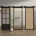 Modern Sliding Barn Door Design with Black Frame Glass and Wooden Panels in Interior