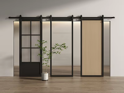 Modern Sliding Barn Door Design with Black Frame Glass and Wooden Panels in Interior 3d model