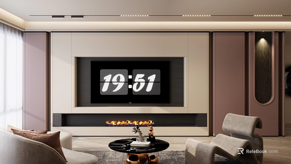 Modern Living Room Interior Design With Fireplace TV Sofa And Coffee Table 3d model 