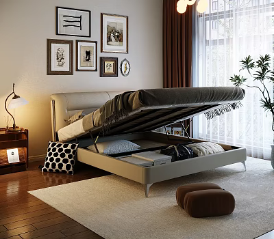 Double Bed with Lift Up Storage Space Bedside Table Lamp Wall Art and Wooden Floor 3d model