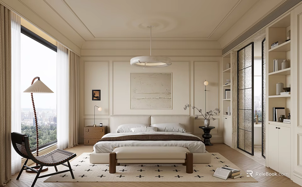 Luxurious Modern Bedroom Interior With King Size Bed Pendant Light And City View 3d model 