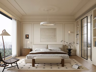 Luxurious Modern Bedroom Interior With King Size Bed Pendant Light And City View 3d model