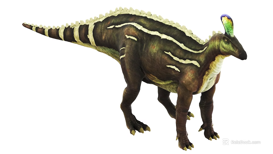 Realistic Dinosaur Model With Green Brown Skin White Stripes And Colorful Crest 3d model 