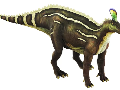 Realistic Dinosaur Model With Green Brown Skin White Stripes And Colorful Crest 3d model