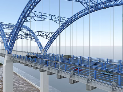 Blue Arch Bridge with Steel Structure and Vehicles Over Water Surface Supported by Piers 3d model