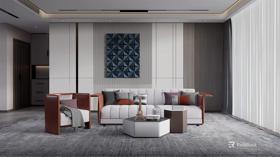 Modern Living Room Sofa And Coffee Table Set With Decorative Wall Art And Soft Carpet 3d model 