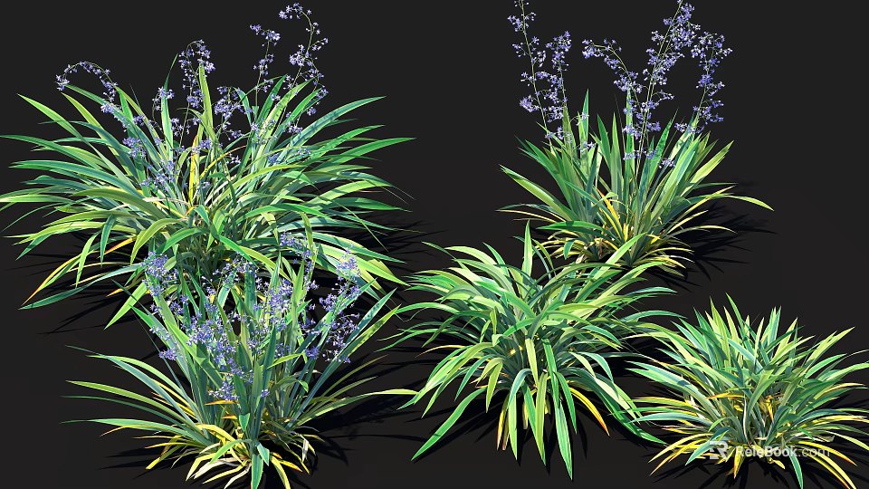 Lush Green Foliage And Purple Flowers In Clustered Plant Arrangement 3d model 