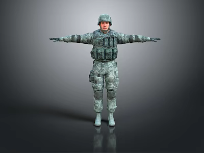 Game and Movie Character Male Soldier in Camouflage Uniform 3D Model with Arms Outstretched 3d model