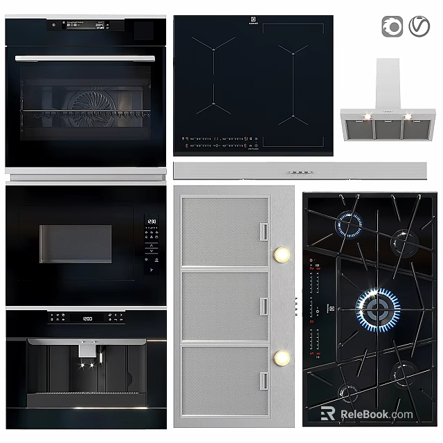 Sleek Modern Kitchen Appliances Set Featuring Oven Cooktop Range Hood Microwave And Cabinets 3d model 