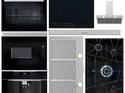 Sleek Modern Kitchen Appliances Set Featuring Oven Cooktop Range Hood Microwave And Cabinets 3d model