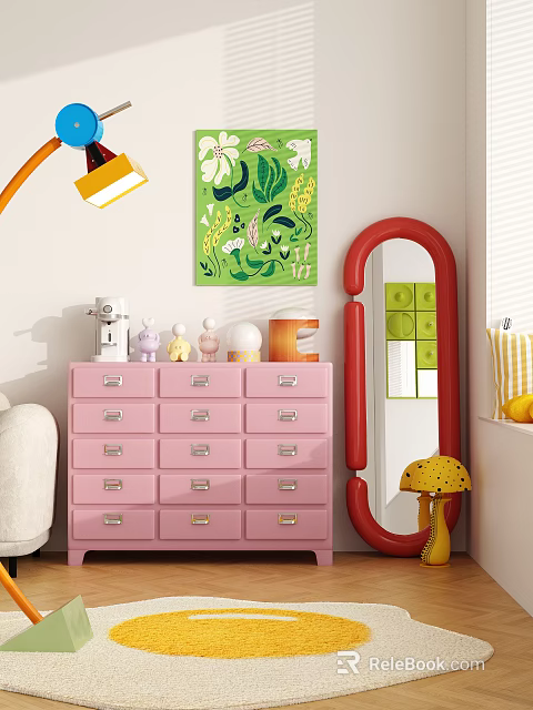 Pink Entryway Side Cabinet Drawer Chest with Red Mirror Green Decorative Painting and Small Decorations 3d model 