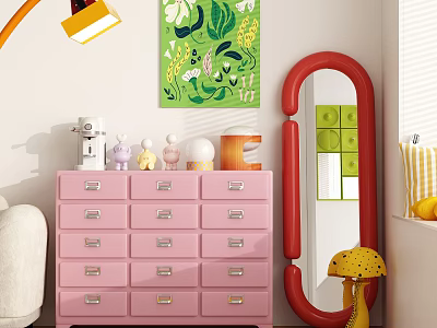 Pink Entryway Side Cabinet Drawer Chest with Red Mirror Green Decorative Painting and Small Decorations 3d model