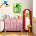 Pink Entryway Side Cabinet Drawer Chest with Red Mirror Green Decorative Painting and Small Decorations