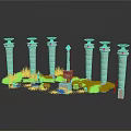 Classical Garden Scene With Decorative Columns Statue Purple Flowers And Paving Stones