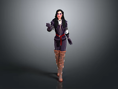 Young Child In Dark Outfit With Brown Boots Standing Against Gray Background 3d model