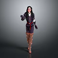 Young Child In Dark Outfit With Brown Boots Standing Against Gray Background