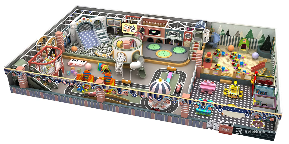 Indoor Playground With Slide Ball Pit Carousel Toy Cars And Climbing Areas 3d model 