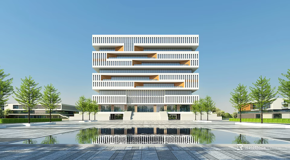 Modern Multi Story Library Building With White Facade Water Pool And Trees 3d model