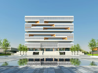 Modern Multi Story Library Building With White Facade Water Pool And Trees 3d model