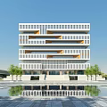 Modern Multi Story Library Building With White Facade Water Pool And Trees 3d model