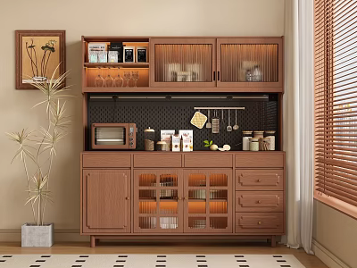 Wooden Modern Sideboard With Glass Doors Drawers Microwave And Storage Jars In Kitchen 3d model