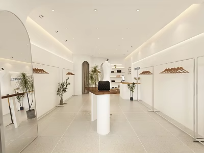 Modern Clothing Store Interior With White Walls Hangers Display Stand And Plants 3d model