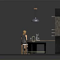 Wooden Bar Counter With Pendant Lights Flame Screen Wall Sign And Woman Sitting On Stools