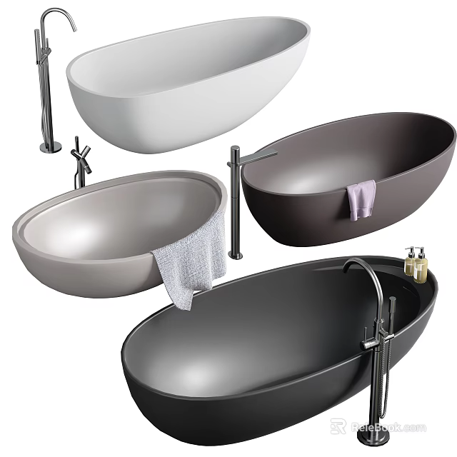 Freestanding Bathtubs In Multiple Colors With Faucets Towels And Bath Products 3d model 