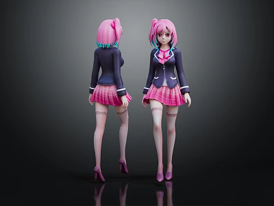Anime Schoolgirl Character Front Back View With Pink Hair Black Coat Plaid Skirt And High Heels 3d model