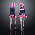 Anime Schoolgirl Character Front Back View With Pink Hair Black Coat Plaid Skirt And High Heels