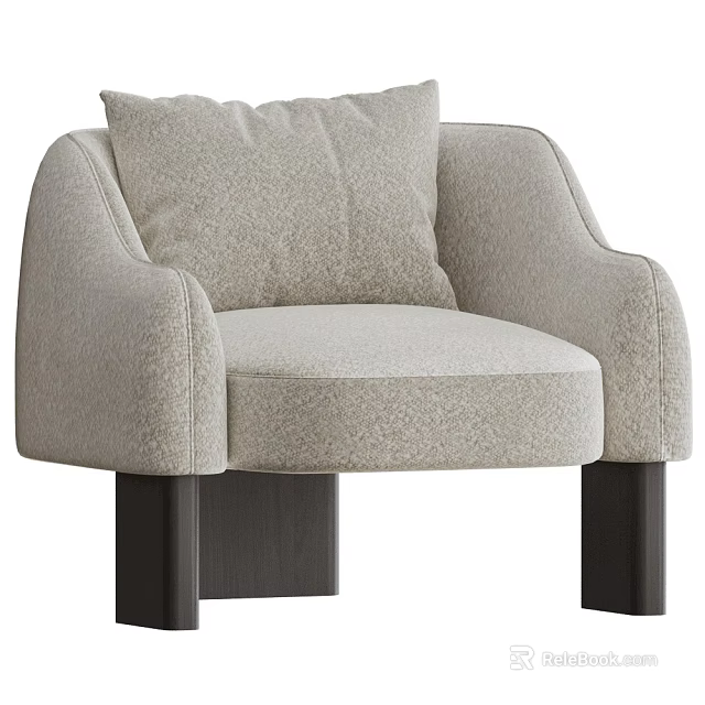 Modern Light Fabric Upholstered Single Seater Sofa with Soft Cushion and Dark Wooden Legs 3d model 