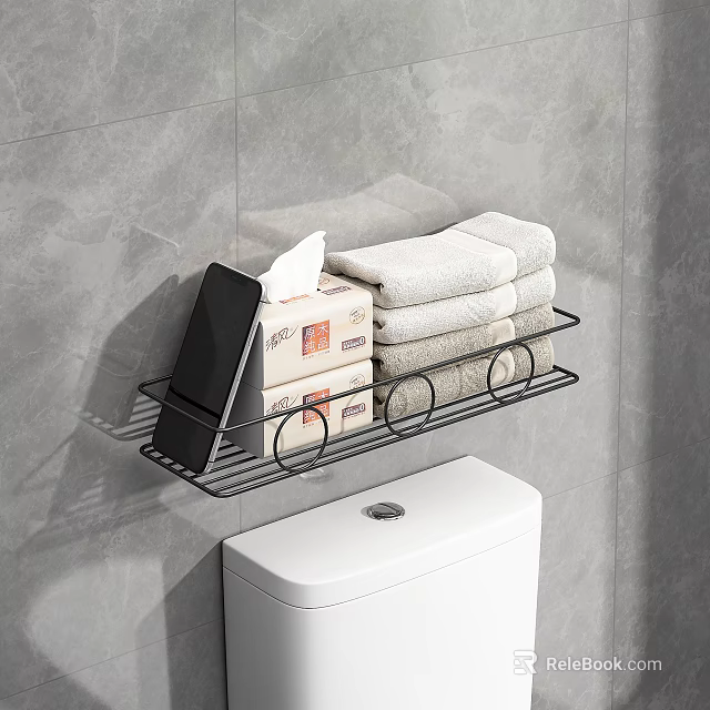 Black Metal Bathroom Shelf With Tissue Packs And Folded Towels Over White Toilet 3d model 