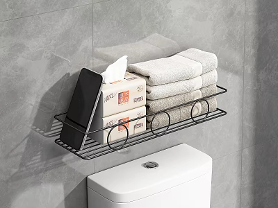 Black Metal Bathroom Shelf With Tissue Packs And Folded Towels Over White Toilet 3d model