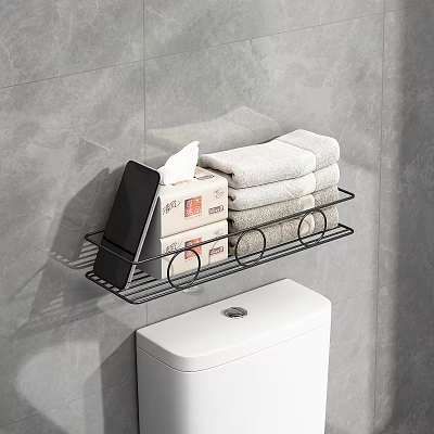 Black Metal Bathroom Shelf With Tissue Packs And Folded Towels Over White Toilet 3d model