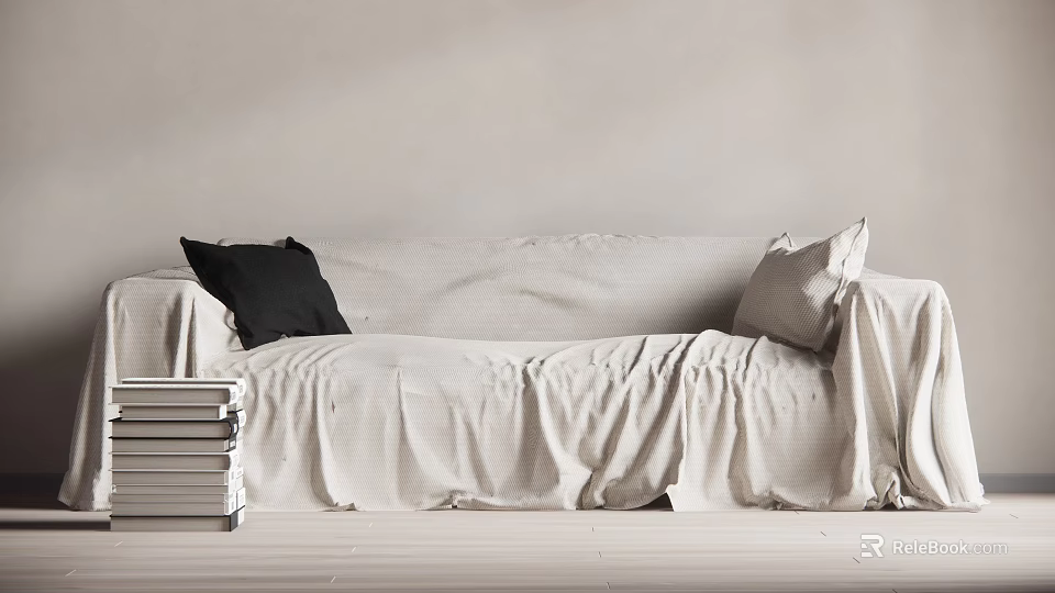 White Large Sofa With Black And Light Pillows On Wrinkled Fabric Near Stack Of Books 3d model 