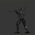 Back View Of Robot Character With Antenna And Orange Black Armor Standing Pose