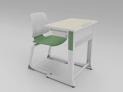 Student Desk With White Frame Wooden Top Green Mesh Chair And Metal Storage Rack 3d model