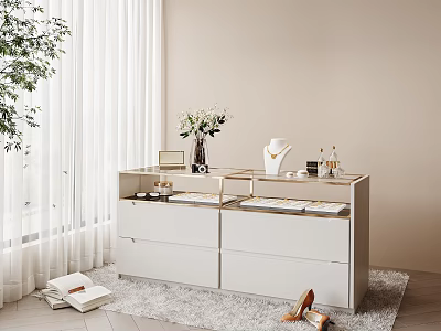 Chic White Dresser Setup With White Curtains Green Plant Vase Jewelry And Rug 3d model